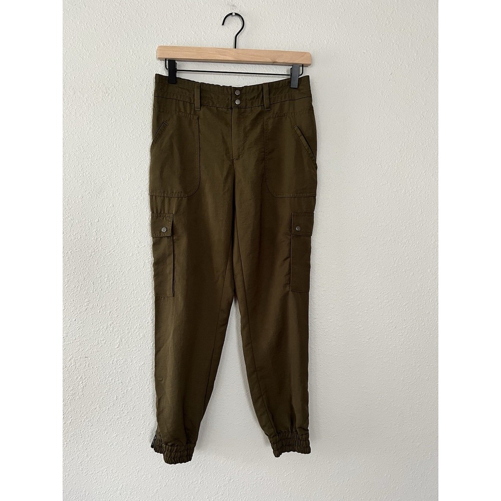 Anthropologie Elevenses Aubrey Satin Cargo Joggers Ankle Zip Olive Green Sz 2